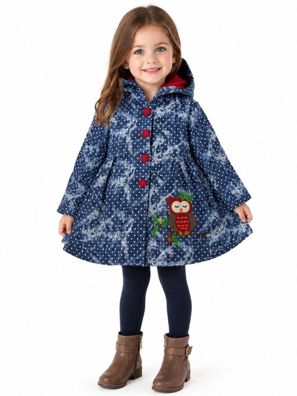 Maria Elena Girls Hooded Polka Dot Owl Coat Red Fleece Lined Size 4T